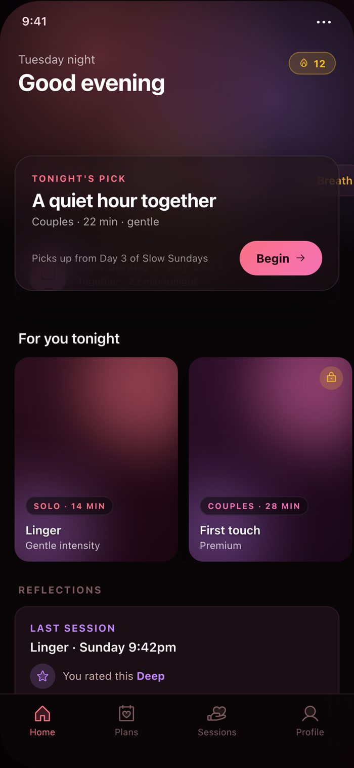 Pura home screen showing suggested sessions, the current connection plan and wellness check-ins